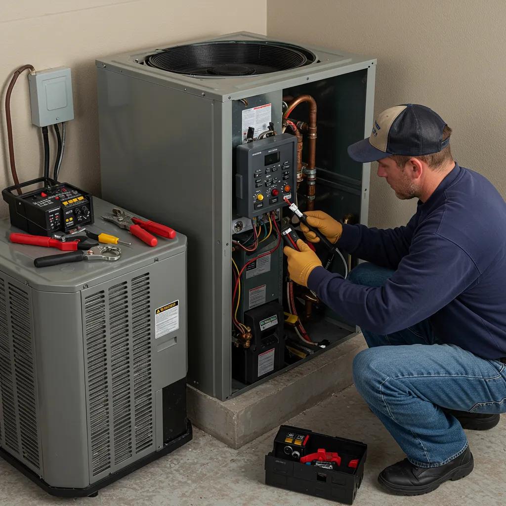 Technician performing HVAC maintenance in a residential setting