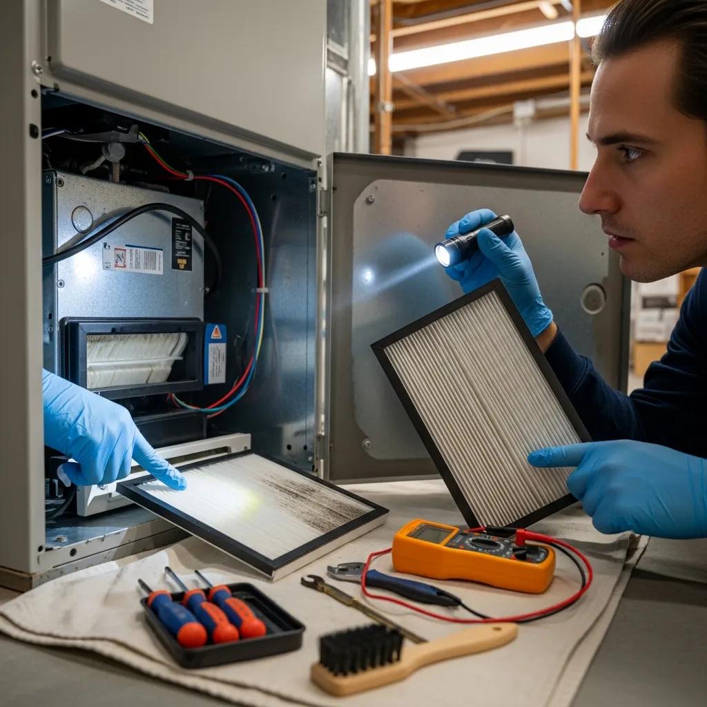 Technician checking furnace components for heating issues